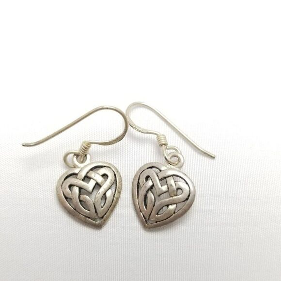 Vintage Avon Sterling Silver Celtic Heart Dangle Earrings, Signed RJ, Estate - Picture 1 of 6